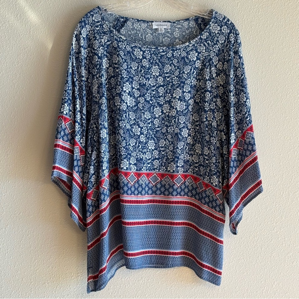 Westbound Women's Blue and Red Floral Blouse Size XL